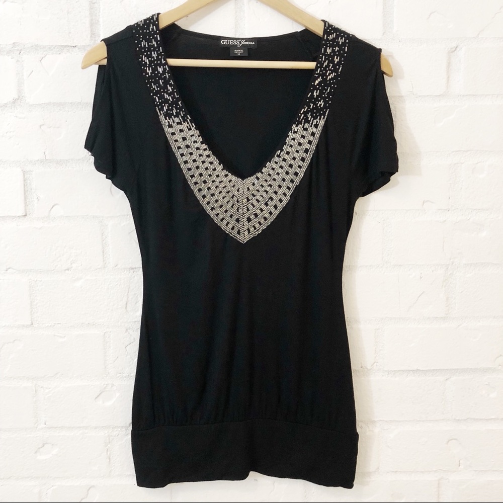 Guess Shoulder Cutout Top with Embellishments